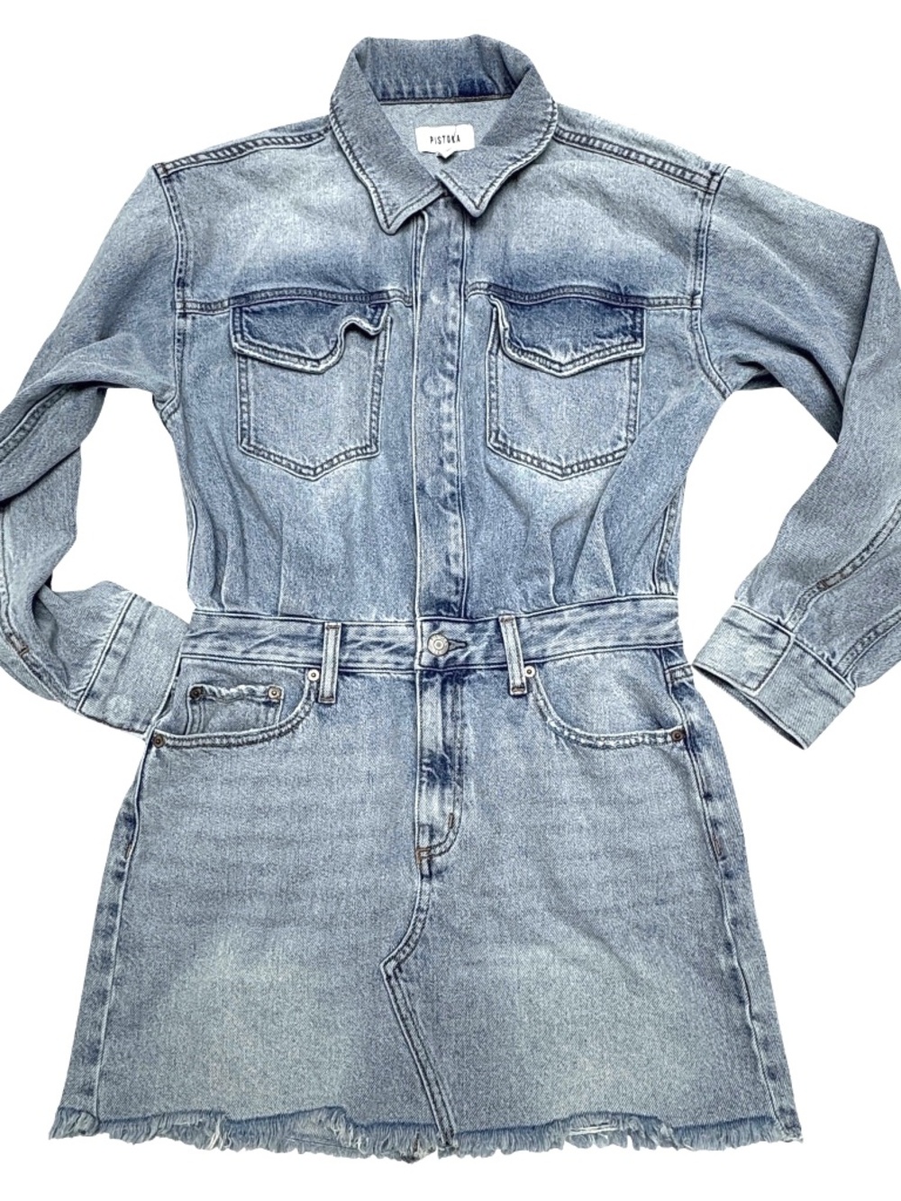 dress PISTOLA vintage S/M blue jean 100% cotton 1 piece long sleeve collar